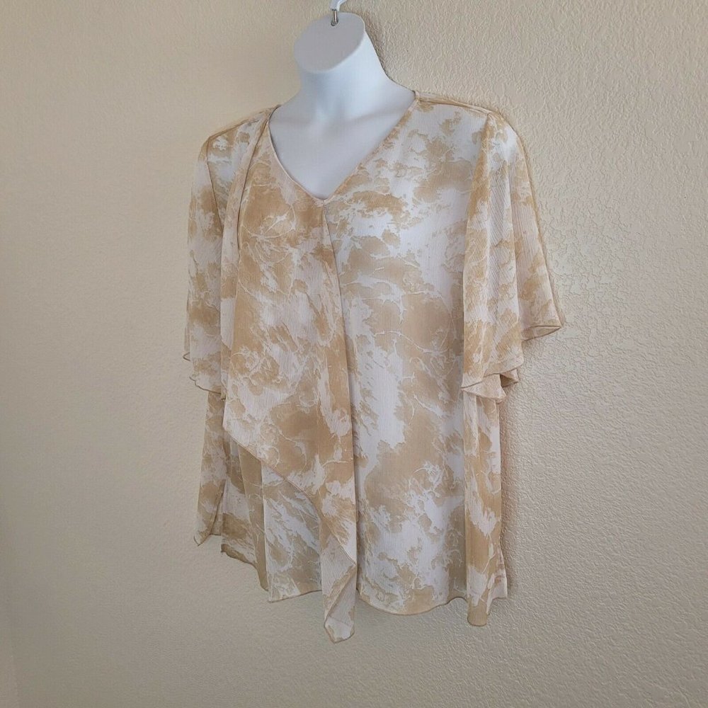 Catherines Tan & White Printed V-Neck Flutter Sleeve Draped Blouse Size 2X - Picture 5 of 11